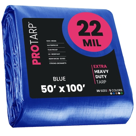 Protarp Heavy Duty Tarp, 50 ft x 100 ft, 22 Mil, Blue, Polyethylene PT-205-50X100